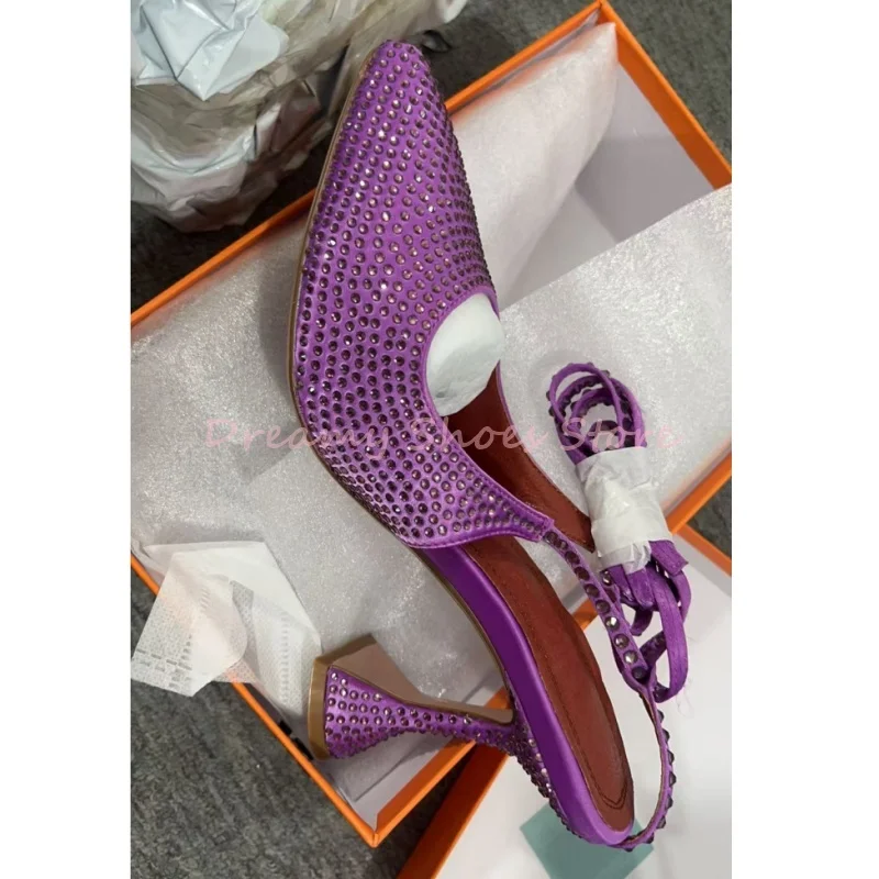 Purple Rhinestone Lace Up Pointed Sandals Women Strange Style Slingback High Heels Sexy Luxury Party Wedding Shoes Green Red