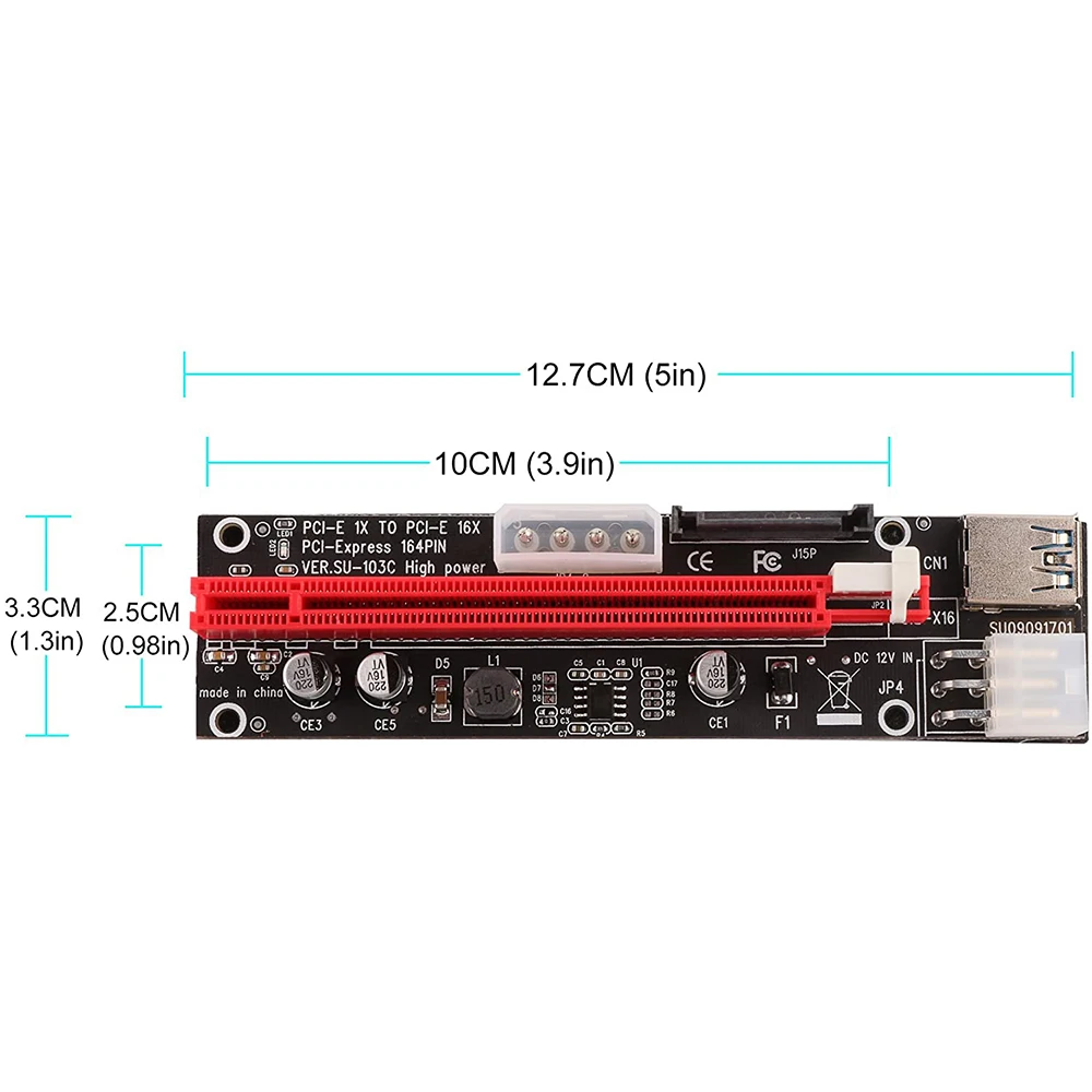 6PCS VER103C 3In1 Power PCI-E Riser Card LED 4Pin 6Pin Sata 15Pin Express 1X to 16X 60CM Extension Cable for