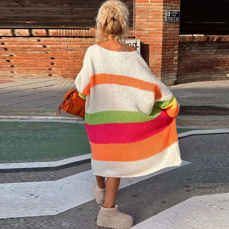 Casual V Neck Long Sleeve Knitted Dress Fashion Rainbow Stripe Dopamine Women Sweater Autumn Ladies Loose Long Pullover Dresses