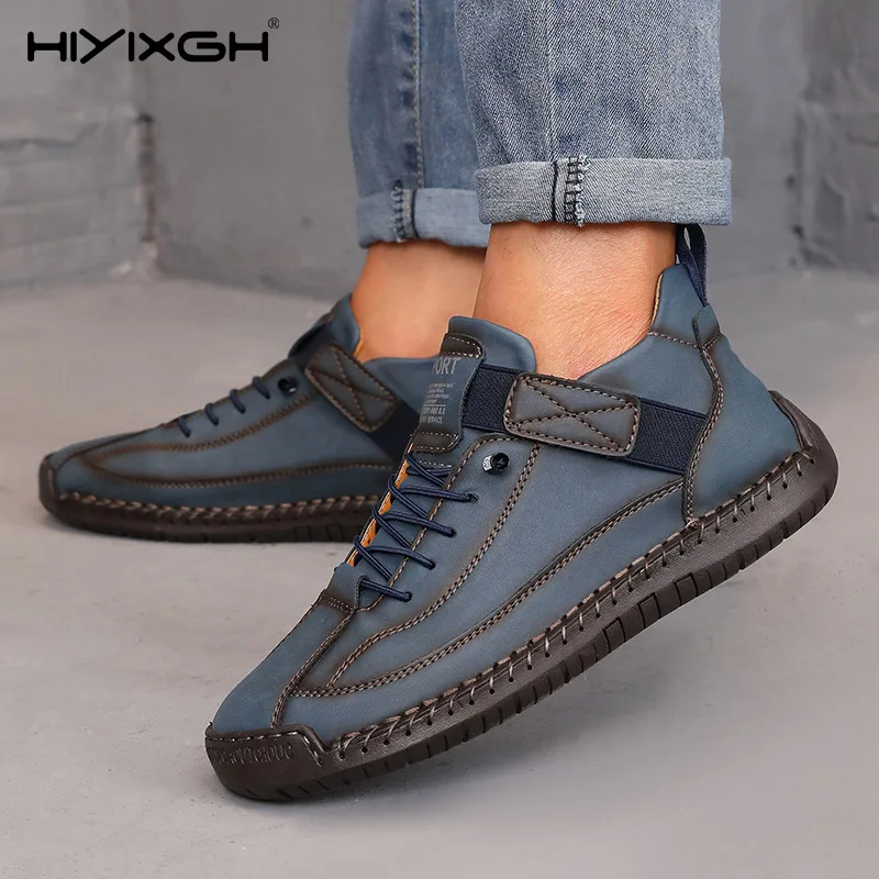 Men's Mid Top Bare Boots Spring Soft Soled Loafers Fashionable British Style Handmade Leather Flat Bottom Business Men's Shoes