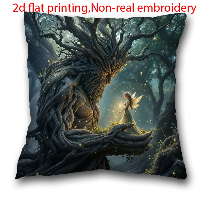 1pc 2D Flat Pillow Not Included Fairy Meeting Ancient Tree Spirit Fantasy Art Cushion Cover Short Plush Enchanted Decor GiftCase