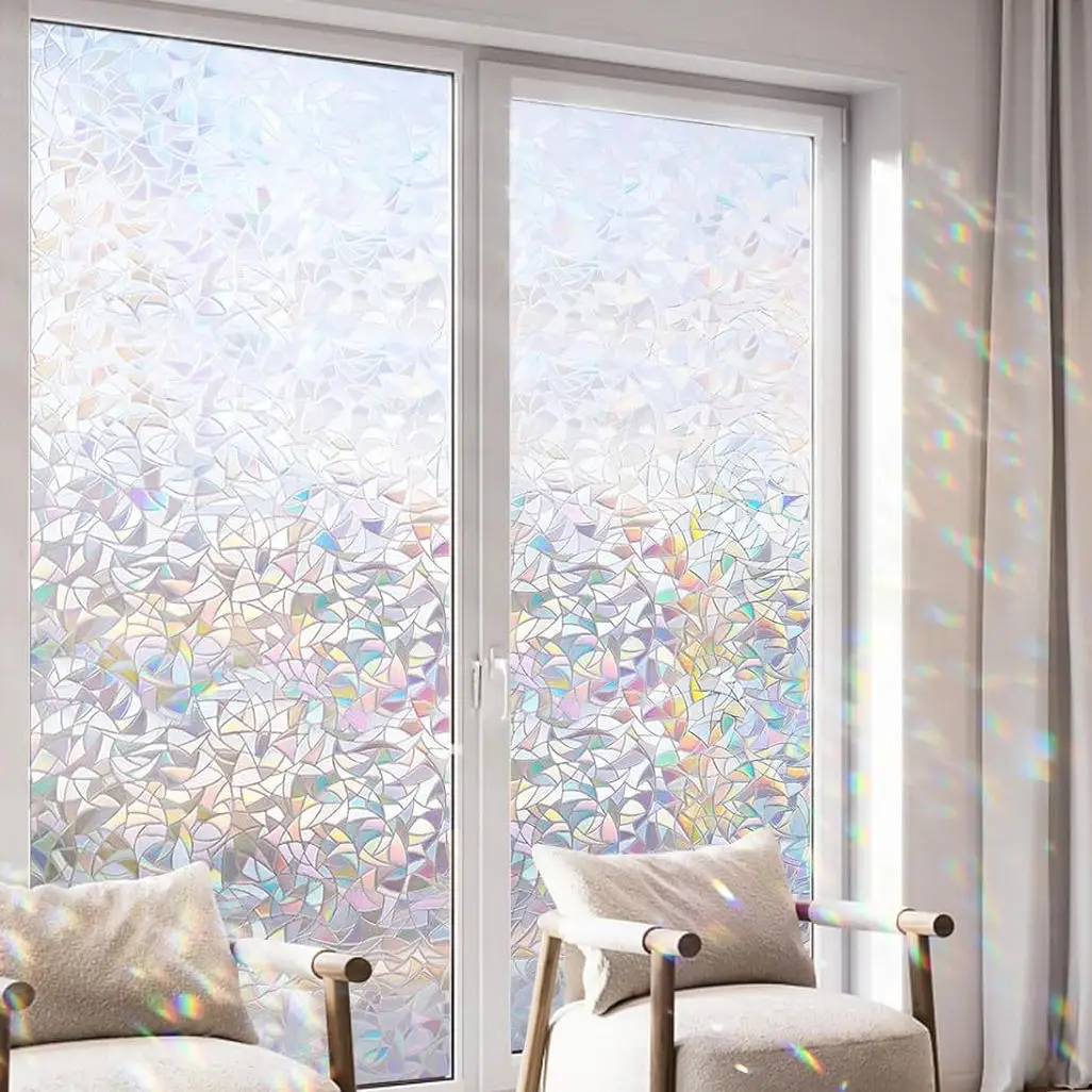 3D Rainbow Stained Glass Leaf Privacy Window Film Static Cling No Glue UV Block Heat Control for Home Office Glass Door