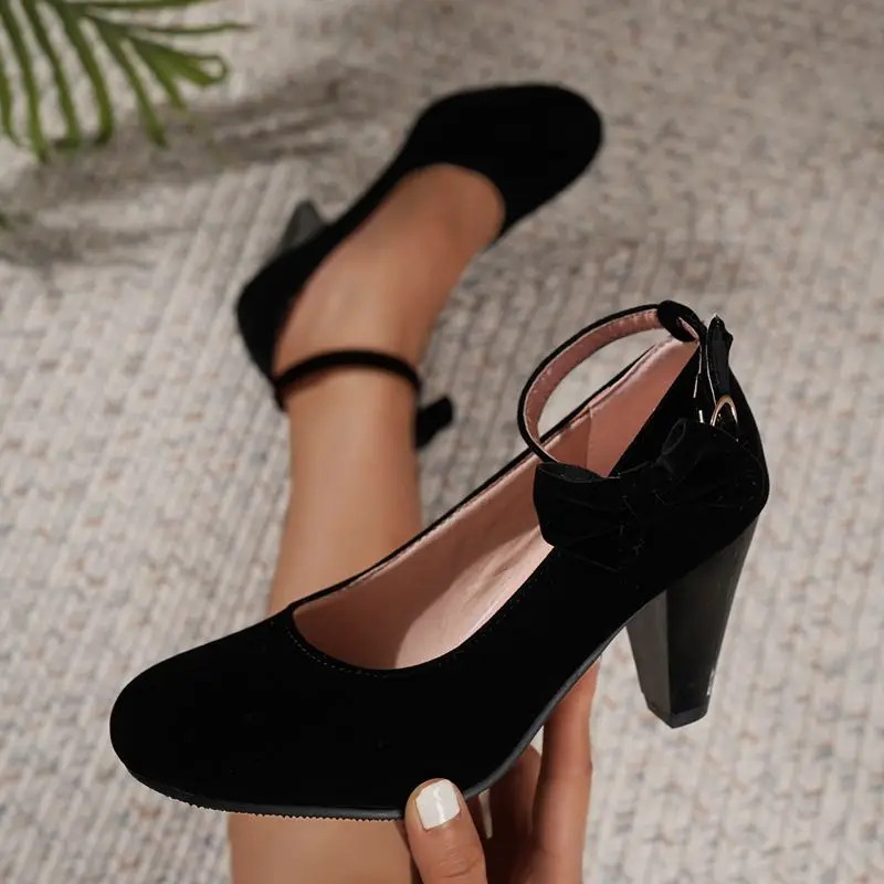 

ORCHA LISA Fashion Women's Pumps Bowknot Flock Suede Red Round Toe 6cm Block High Heel Ankle Strap Plus Size 45 46 47 48 US17