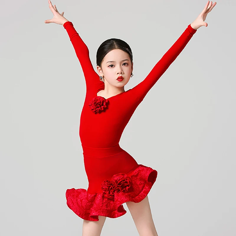 Kids Girl Latin Dance Red Long Sleeve Bodysuit and Jacquard Fishbone Skirt Training Ballroom Dancewear Competition Costume