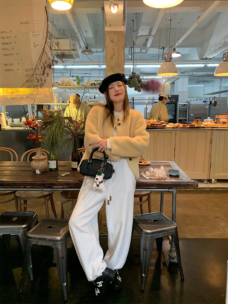 Pantalon de sport blanc taille élastique pour femme, pantalon de survêtement noué avec ceinture, à revers, petite Stature, nouvelle collection printemps-automne 2024