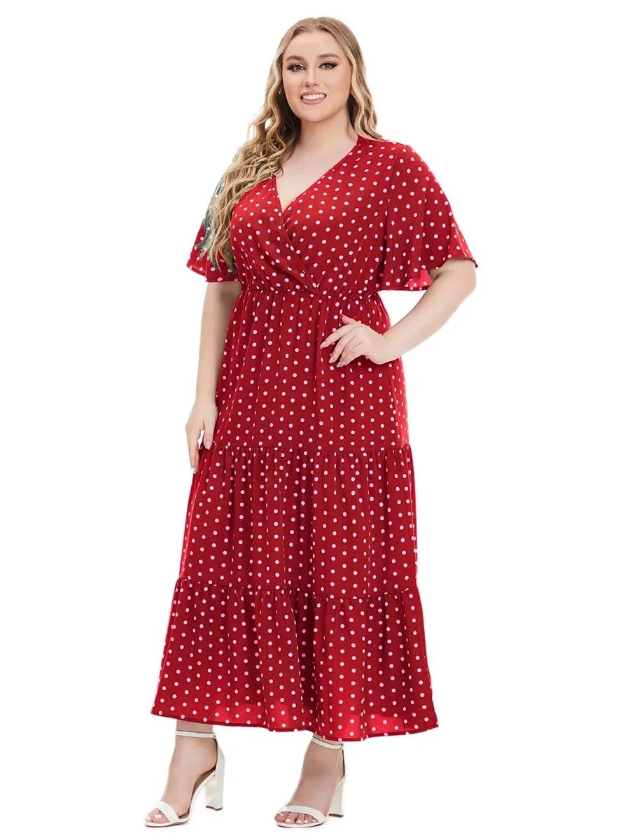 

Fashion Summer Dresses 2024 for Women Long Dress Red Green Blue Short Sleeve Women's Elegant Clothing Polka Dots Holiday Clothes