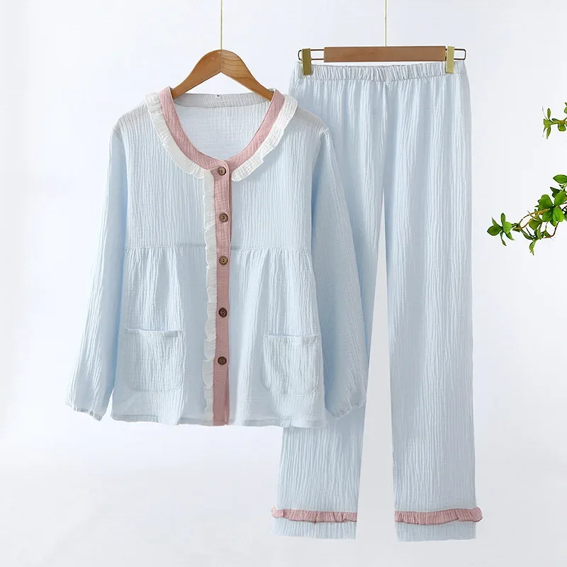 

Autumn Long-sleeved Pajamas For Women Cotton Powder Pink Sky Blue Lace Lace Print Pajamas 2 Pieces Clothing Lounge Clothing