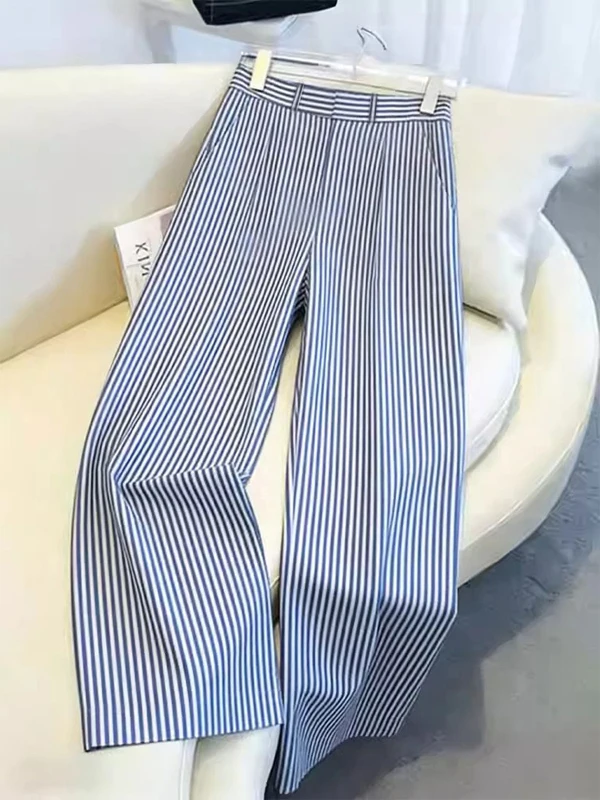 

High Waist Wide Leg Pants Women's Blue White Stripes Casual Loose Slimming Lazy Style Summer New Arrival Casual Trousers