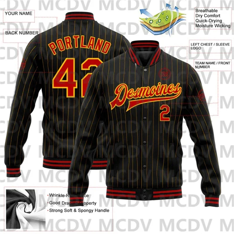 Custom Black Gold Pinstripe Red Bomber Full-Snap Varsity Letterman Jacket