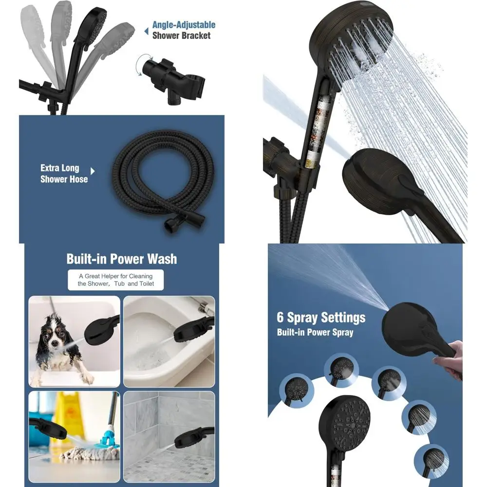 

Oil-Rubbed Bronze Shower Head with 6-Mode High-Pressure, Power Wash, Hard Water Filter, and Detachable Handheld with Extra Long