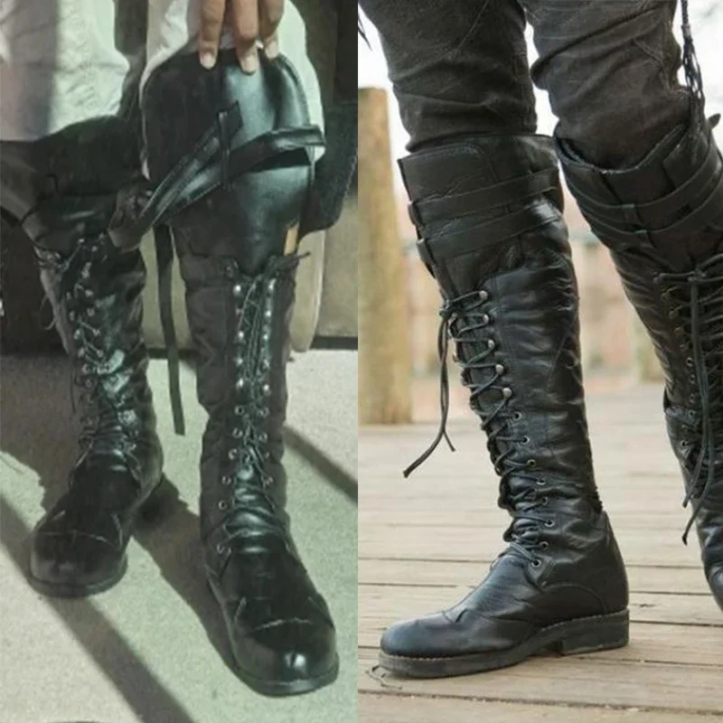 Średniowieczne Steampunk Cosplay buty męskie zimowe Larp pirackie PU skórzane buty karnawałowe fantazyjne buty rycerskie