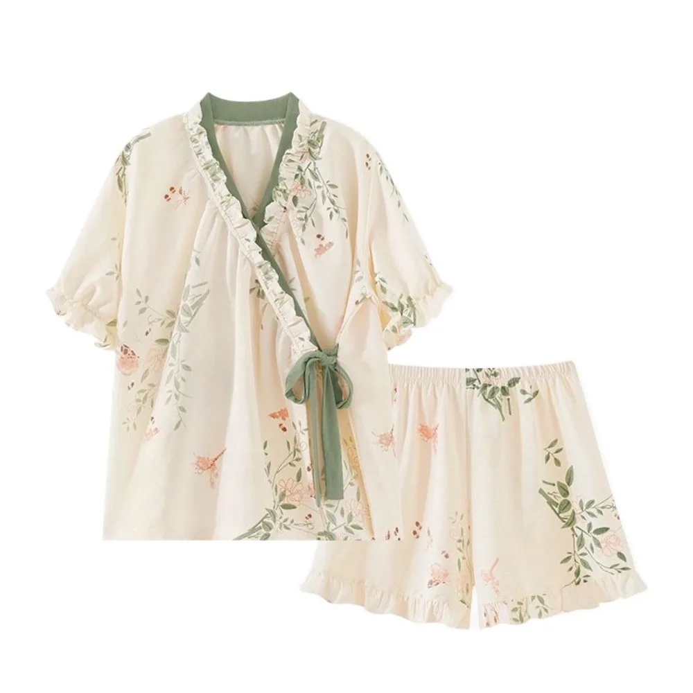 

New Chinese Style Lace Up Pajama Suit Reffle V-Neck Shorts Sleeve Nightwear Flower Women Homewear Two Pieces Sleepwear Sets