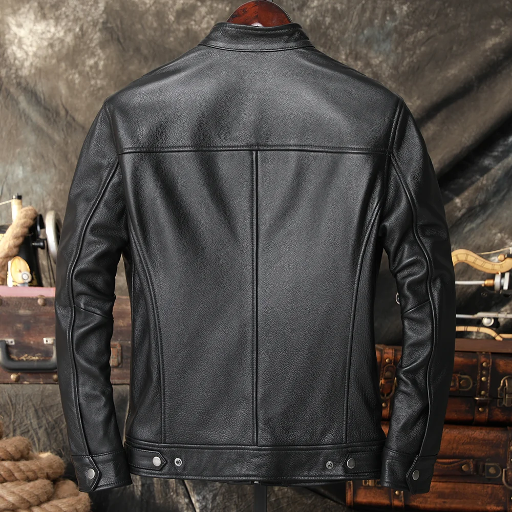 

Genuine Top Layer Cowhide Leather Biker Casual Cotton Padded Stand Collar Slim Fit Men's Leather Jaet Faionable Autumn Ou...