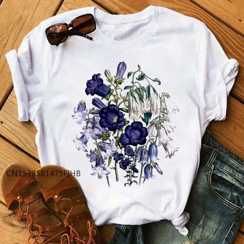 

New Kawaii T Shirt Women Fashion Flower Graphic Print White T-Shirt Harajuku Korean Short Sleeves Premium Tops Tee Shirt Femme