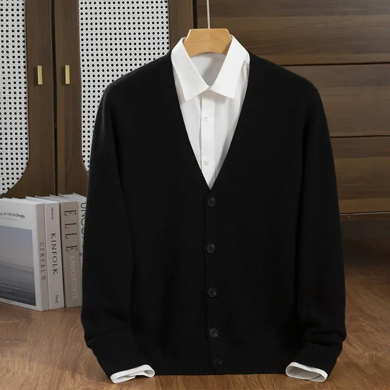 

Spring Autumn Knitted V-Ne Men's Sweater Loose Fit Thin Outerwear Casual Sle Pure Color Button up Long Sve Top