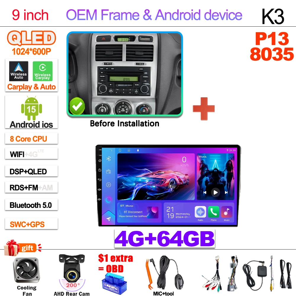 2Din Android 15 Voor Kia Sportage 2 2004-2010 Multimedia Speler Navigatie Carplay Stereo DVD Spiegel Link Stereo Head unit WIFI