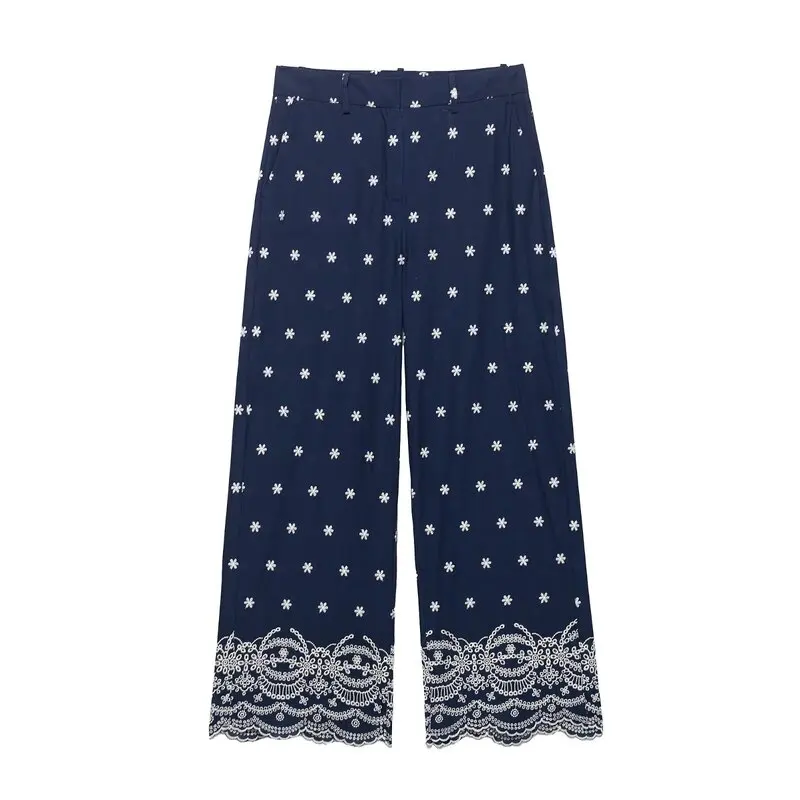 Conjunto de Csa e Calças com Estampa Bordada Casual Faionável Novo Verão 2025 Roupa Fena Poliéster Manga Longa Gola ...