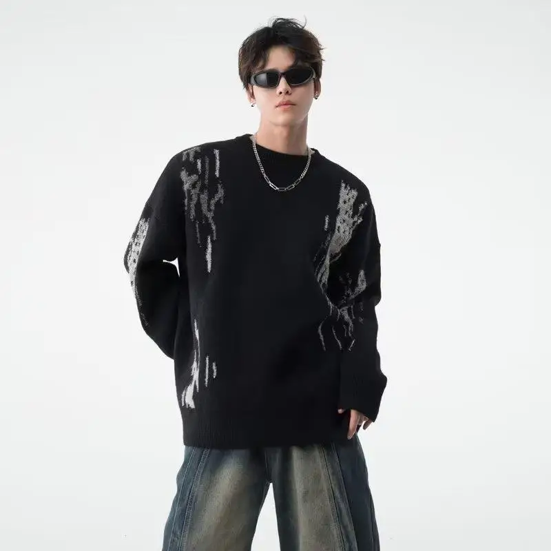 

American Dyed round Ne Knitted Sweater Men's High Street Trendy Brand Thiened Loose Couple Autumn Winter Inner Knitted Sw...