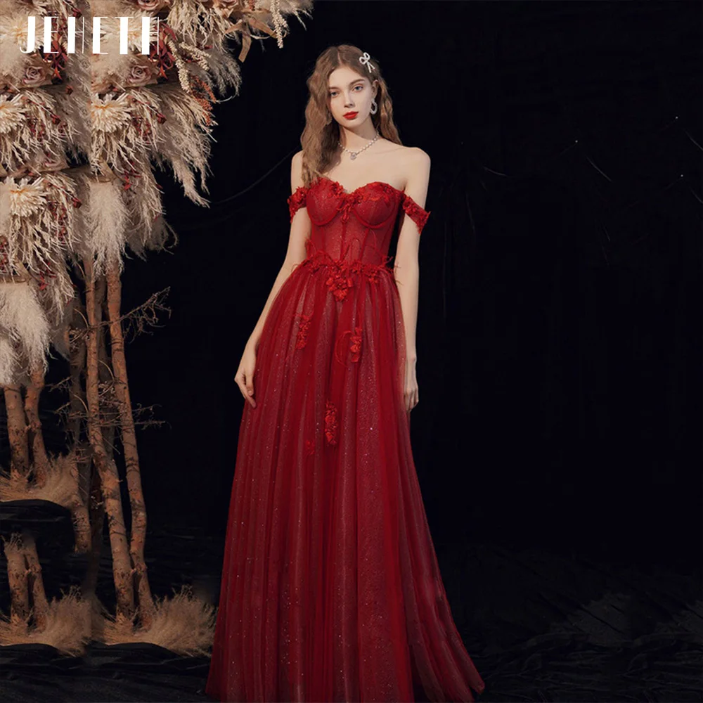 JEHETH vestido de fiesta de tul rojo con hombros descubiertos, brillante, flores con plumas, purpurina, escote Corazón, línea A, espalda abierta, vestido de noche Formal