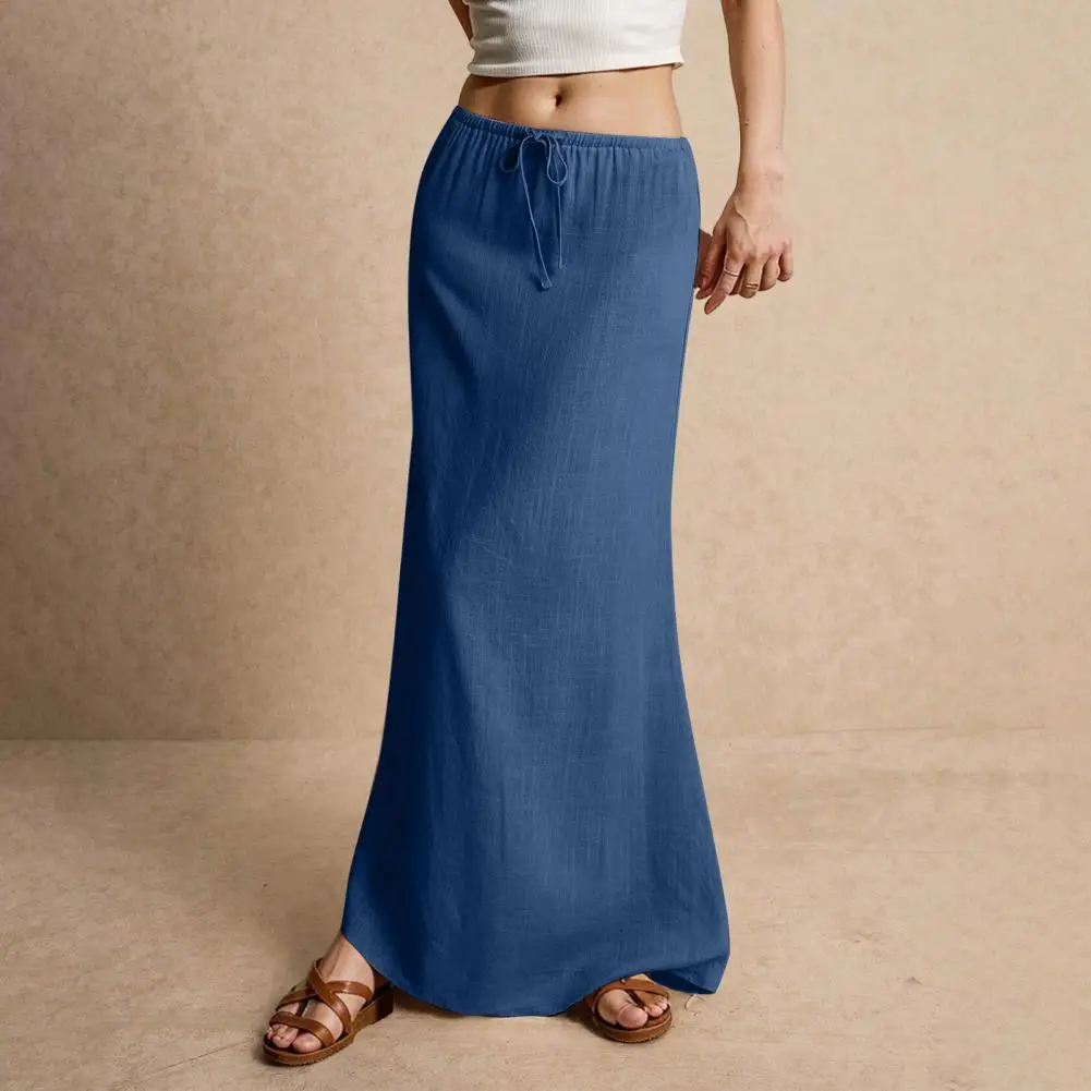 Women Maxi Skirt Mid-rise A-Line Drawstring Solid Color Long Skirt Easy To Match Lady Skirt Work Leisure Bodycon Women Clothing