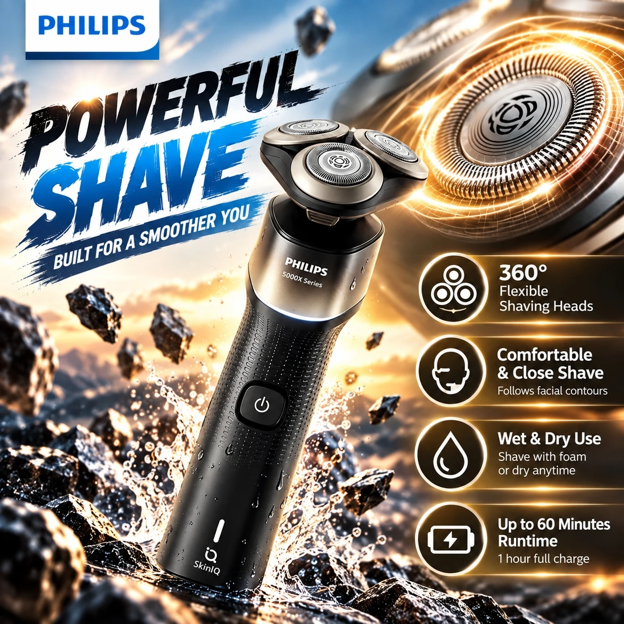 Philips Electric Shaver 6D Triple Blade Trimmer For Men IPX7 Face Razor Wet Dry Grooming Tool with Nose Hair Replacement Heads