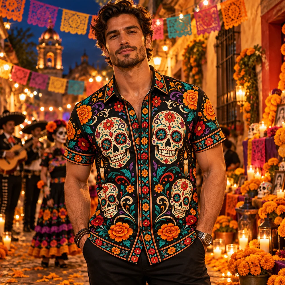 Dia De Los Muertos Men Shirt Sugar Skull Marigold Floral Print Short Sleeve Button Up Mexican Day of Dead Party Holiday Tops