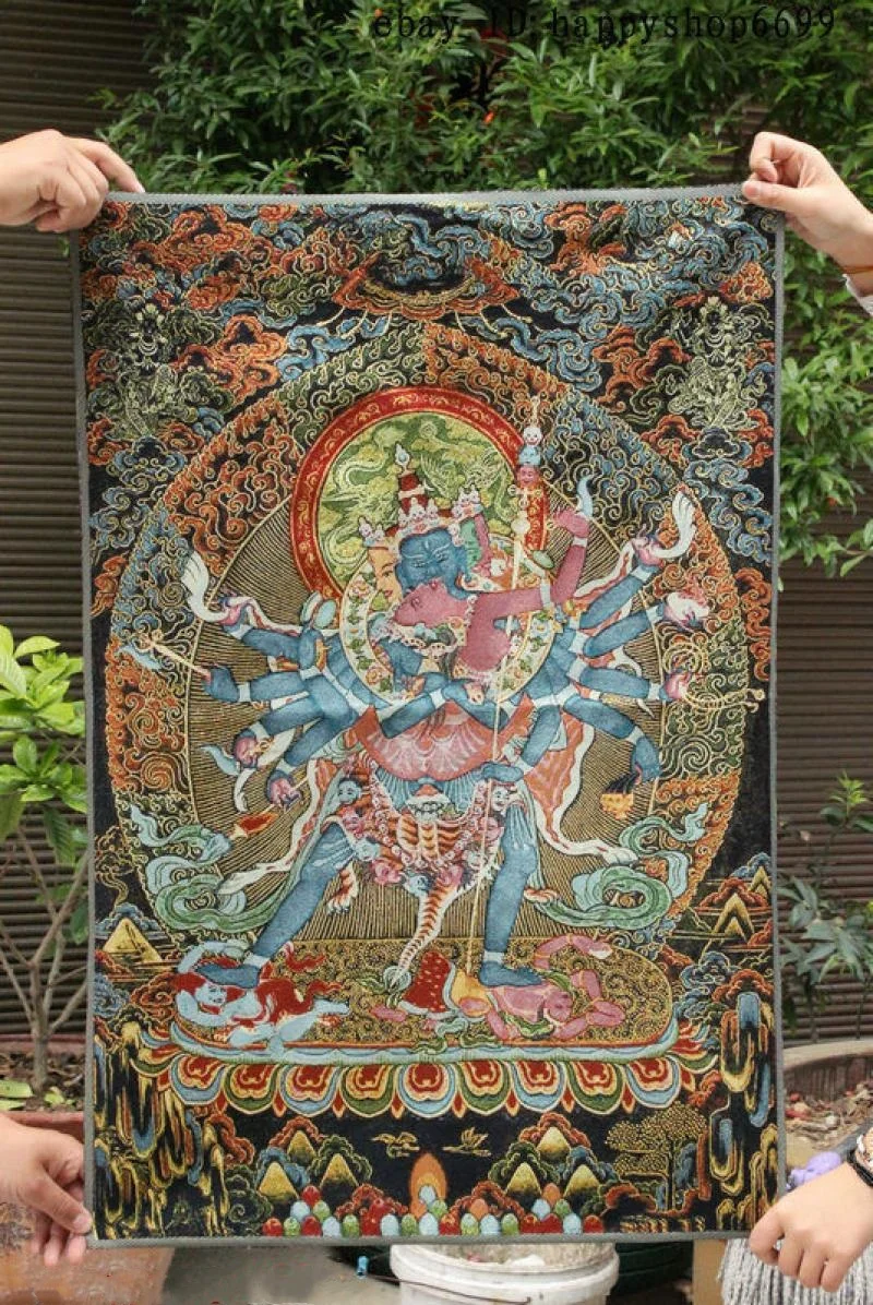 

36" Tibet Buddhism Silk Cloth Buddha Yamantaka Buddha Thangka Embroidery Mural