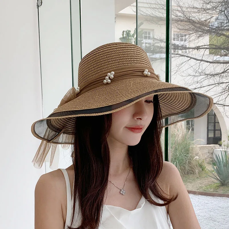 Pearl Straw Hat Women\'s Summer Beach Travel Sunshade Vacation Sun Protection Big brim Big brim Sandals Sun Hat   Женская шляпа 