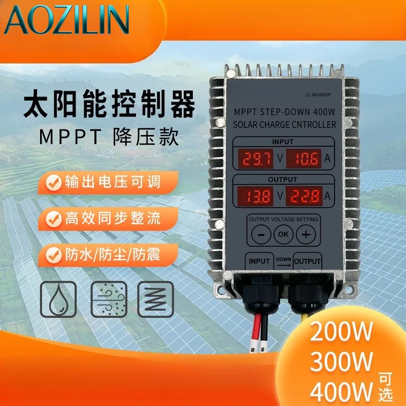 AOZILIN MPPT Solar Charge Controller,10-30V Adjustable Step Down PV Regulator with Display for LiFePO4 Off-Grid Solar System
