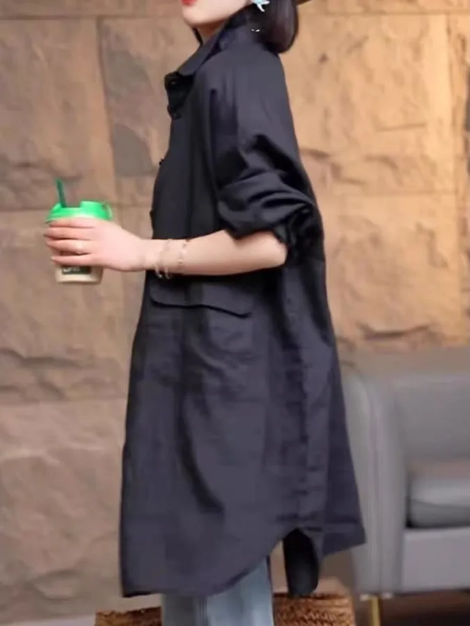 

Retro Hong Kong Sle Women's Cotton Linen irt Loose Faionable Casual Outerwear Mid-Length Classic Collar Long Sve