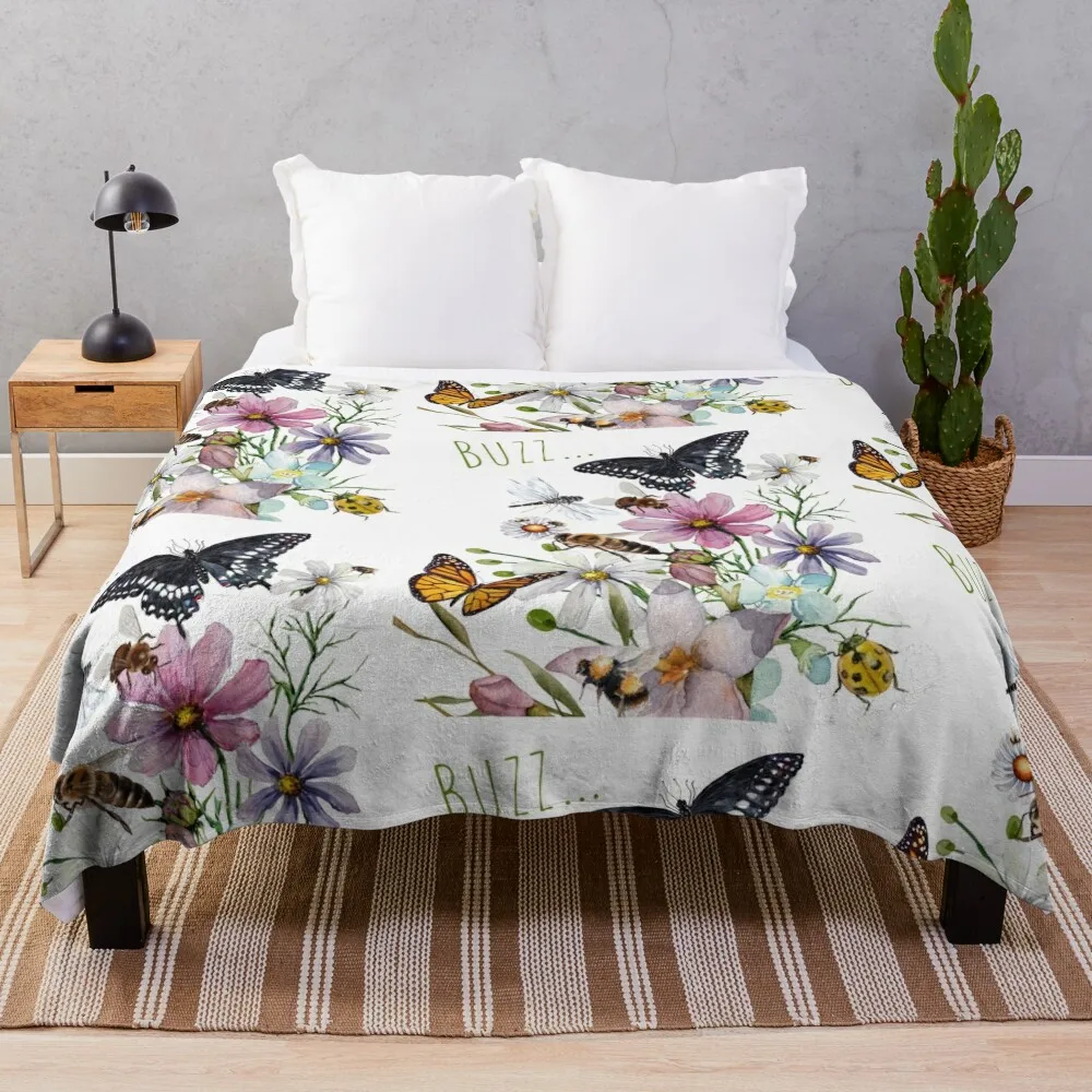 Wildflowers & Pollinators Watercolor Illustration Design Throw Blanket heavy to sleep Luxury Thicken Bed covers Blankets