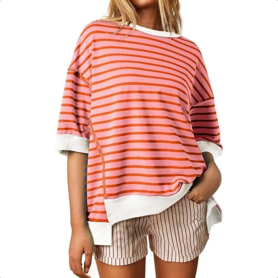 SHEWIN สตรีเสื้อลําลองแขนสั้นเสื้อลาย Crewneck เสื้อ T เสื้อหลวมเสื้อ