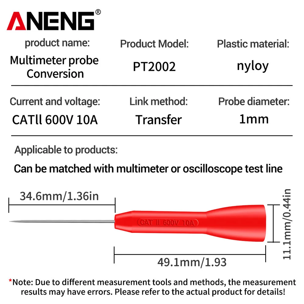 ANENG PT2002 igła do przekłuwania izolacji 1mm Pin nieniszcząca multimetr sonda testowa 10A 600V dla 2mm przewodu pomiarowego