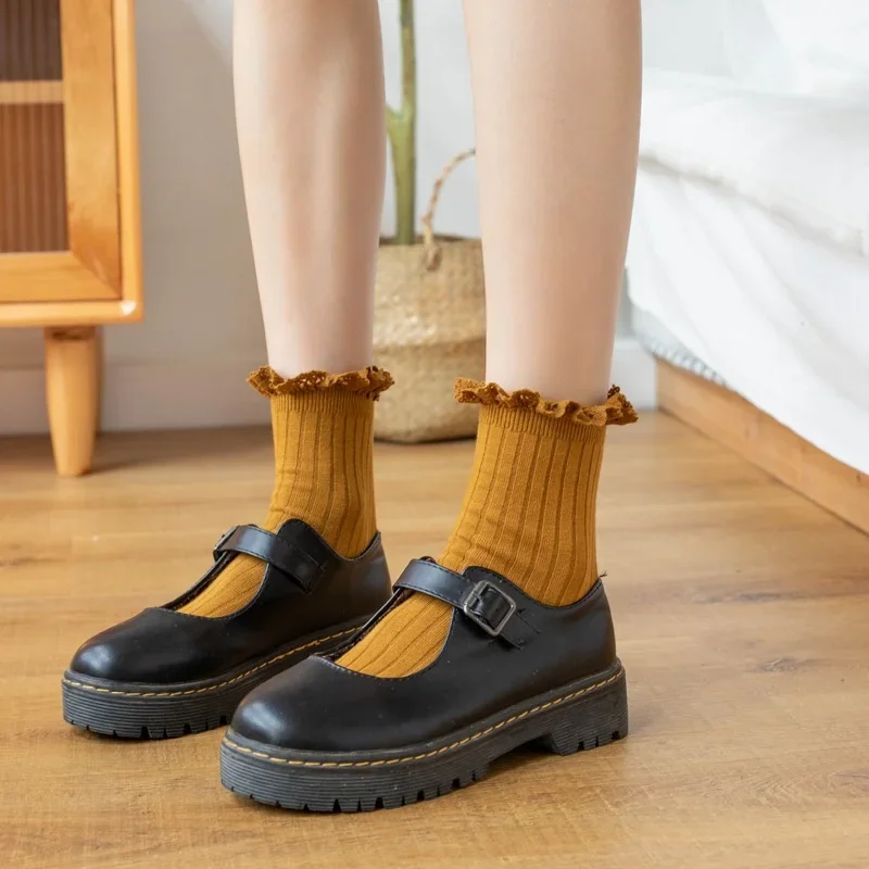 Japanese Style High School Students Loose Long Socks Solid Lacework Frilly Ruffle Socks Sweet Girls Kawaii Cute Woman Socks Sox