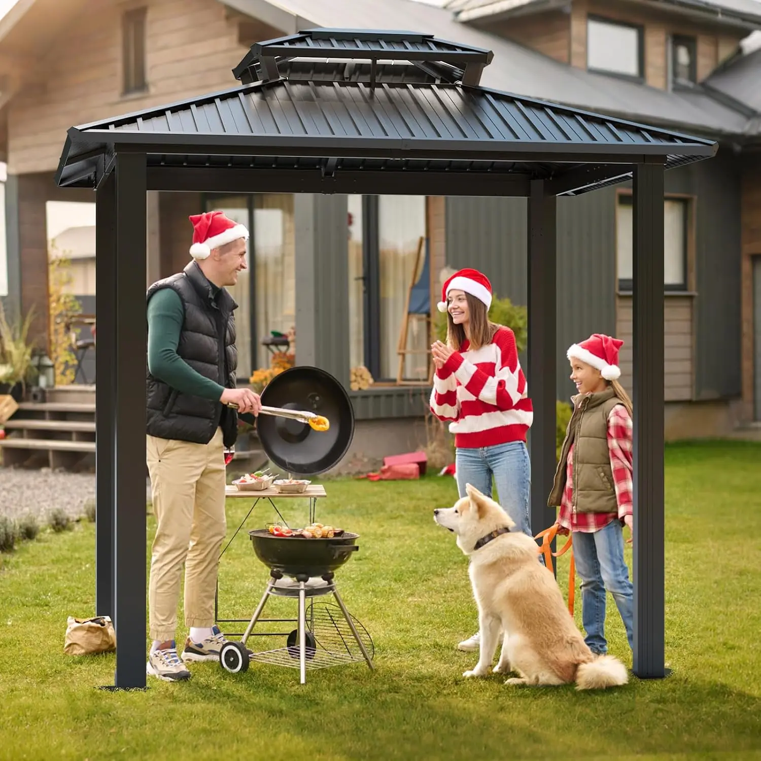 6x8ft Grill Gazebo Hardtop with 2 Side Shelves, Outdoor BBQ Gazebo with Galvanized Steel Double Roof for Patio, Customized