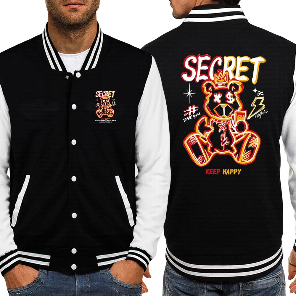

Keep Happy Creative Cute Bear Print Mens Baseball Uniform Basics Thicken Pullover Soft All-Match Tops Breathable Hip Hop Jacket