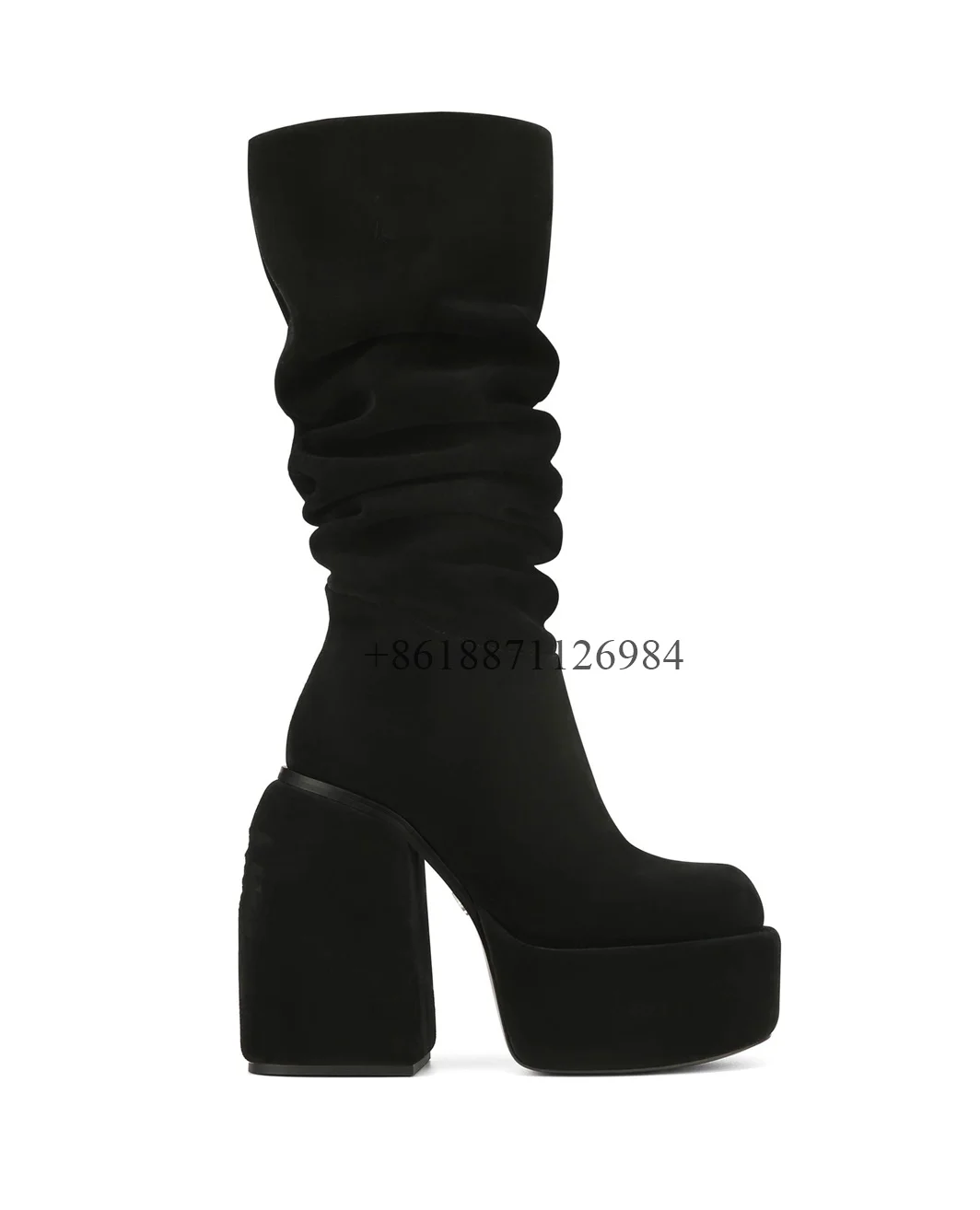 Round Toe Soild Mid-Calf Platform Women Piles Of Boots Chunky High Heels Side Zippe Design Slip On Large Size Shoes