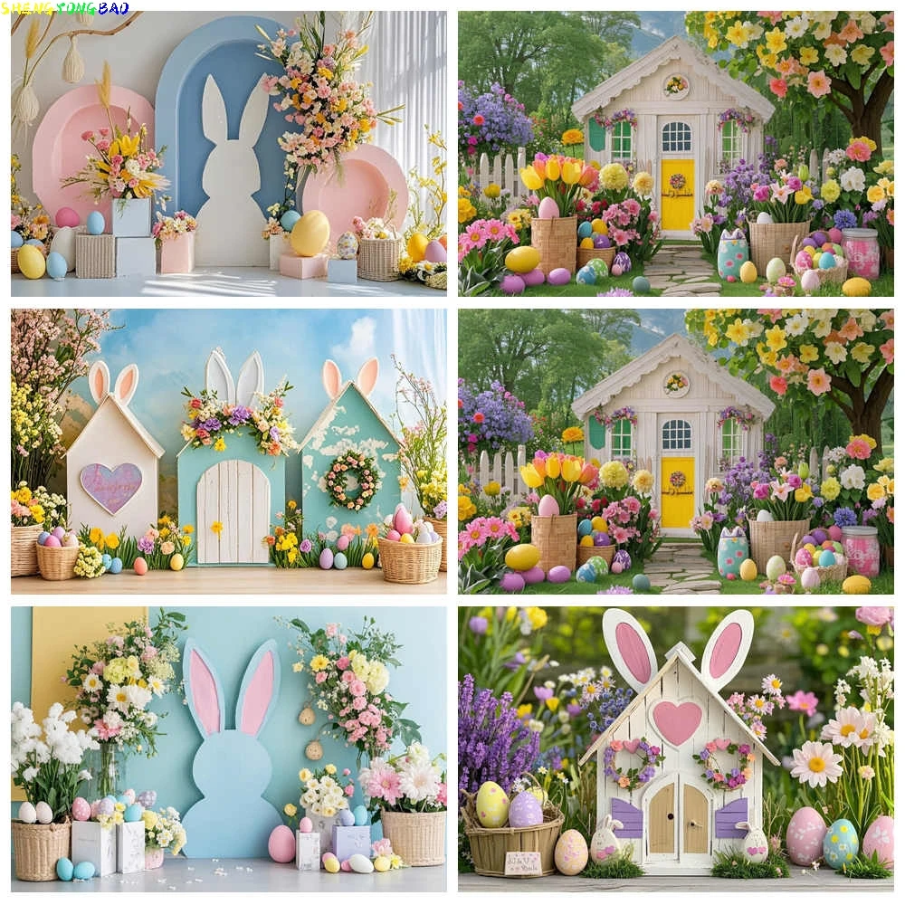 

Spring Colorful Floral Rustic Wall Easter Day Background Garden Flowers Birthday Party Rabbit Eggs Photography Backdrop VT-01