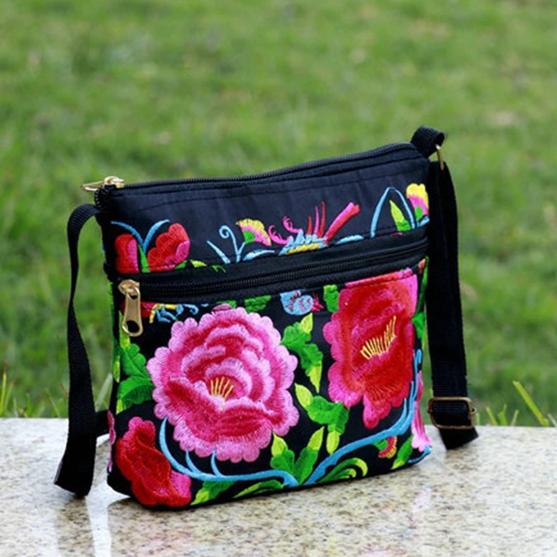 New Small Handbags Ethnic Style Embroidery Shoulder Bag Women Casual Canvas Travel Bags Three Zipper Women Crossbody Bag