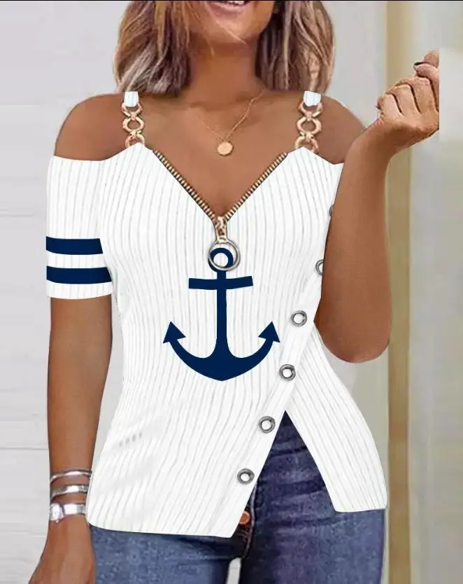 Women's Casual Style Top 2024 Spring Summer Latest Letter Print Zip Detail Split Hem Cold Shoulder T-Shirt Zipper Skinny Blouses