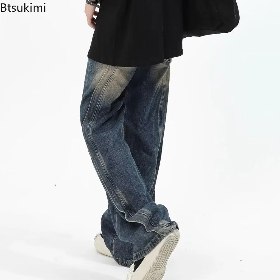 New Men's Wide-leg Jeans Retro High Street Loose Casual Trousers Distressed Washing Denim Pants Fashion Straight Long Pants Male