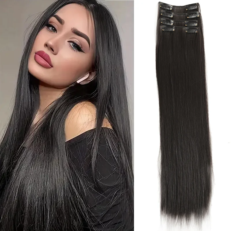 20 inch women's four piece straight hair extension wig with BB clip synthetic heat-resistant wig suitable for daily wear