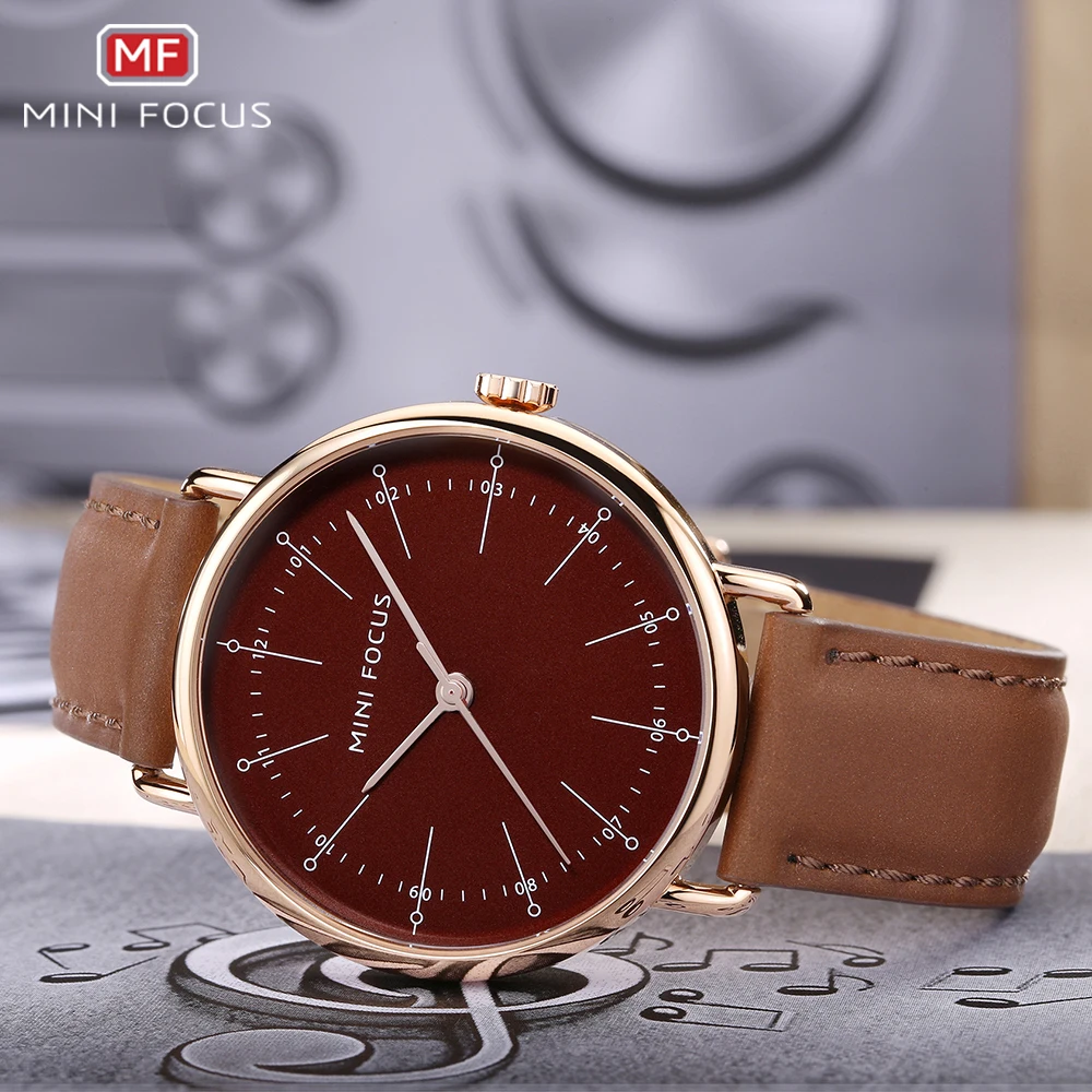 Mini Focus MF0056G Classic Quartz Watches Brown Genuine Leather Strap Waterproof Japan Quartz Movement Men Watch