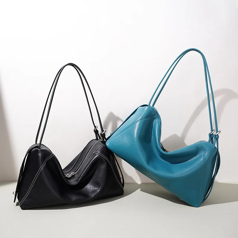 Top-Grain Cowhide Leather Commuter Tote, Simple Fashion Large Capacity Shoulder Bag for Women, Niche Luxury Design Pillow Tote