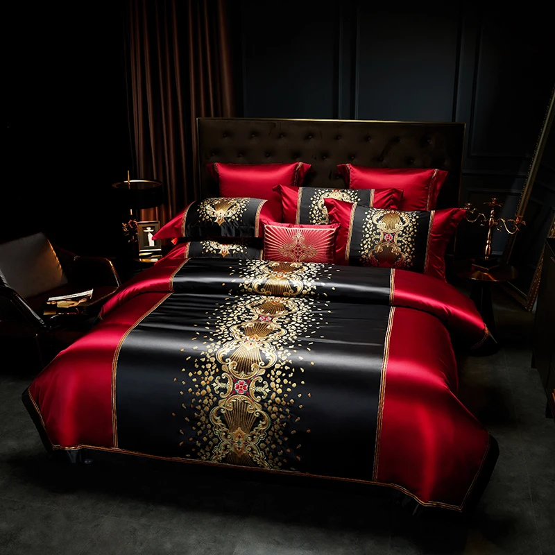 Luxury Gold Embroidery Bedding Set, Satin Brocade and Egyptian Cotton Silky Duvet Cover, Bed Sheet, Pillowcases, 4 Pcs, 7Pcs