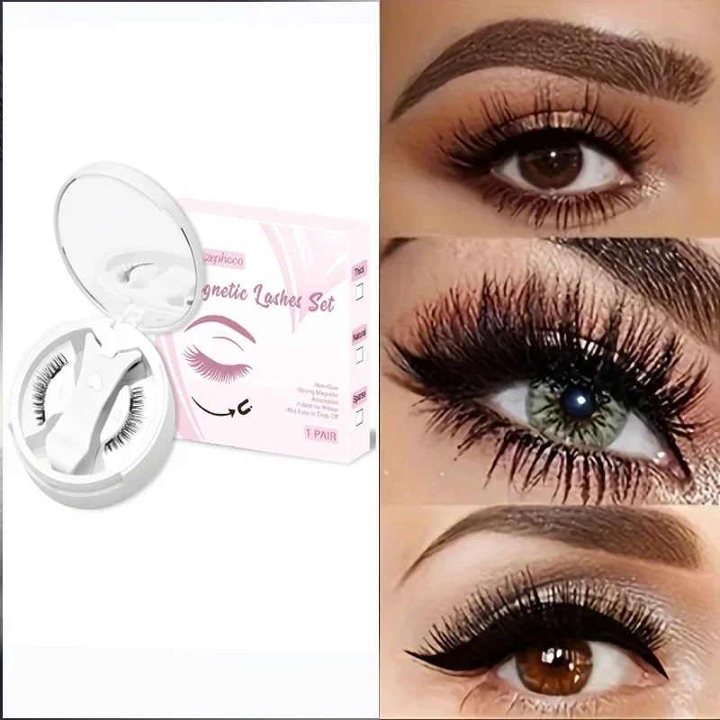 

Magnetic Eyelashes Set 1 Pair Reusable No Glue Needed False Eyelashes with Magnetic Tweezers Curly Faux Lashes Makeup Tool