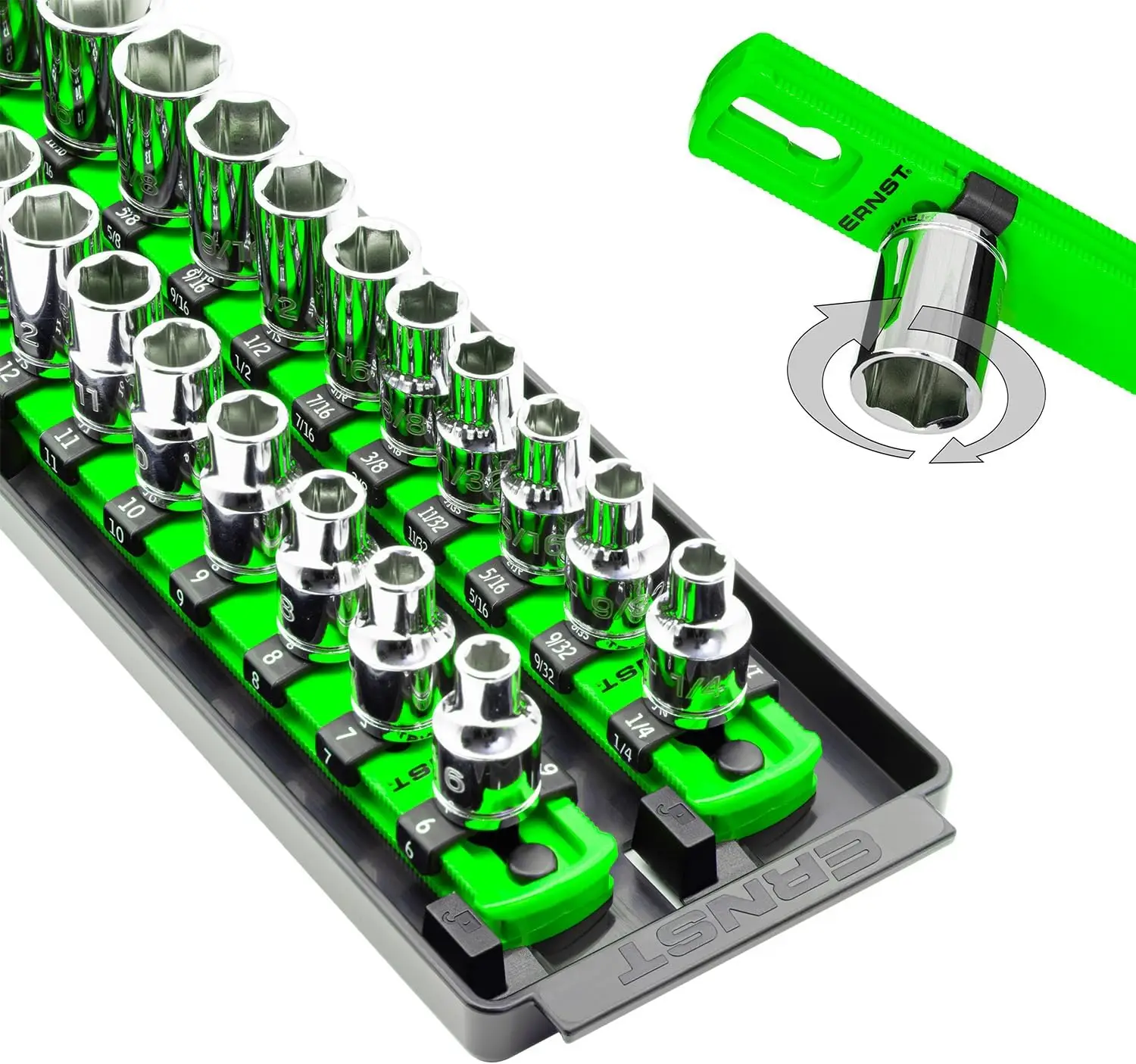 

3/8" Drive Twist Lock Socket Organizer Tray, 18-Inch, Holds 36 Sockets, Green