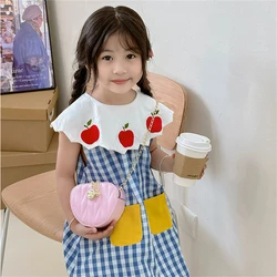 Cotton baby dress summer girls' three apple embroidered large lapel full body plaid printed sleeveless princess dress