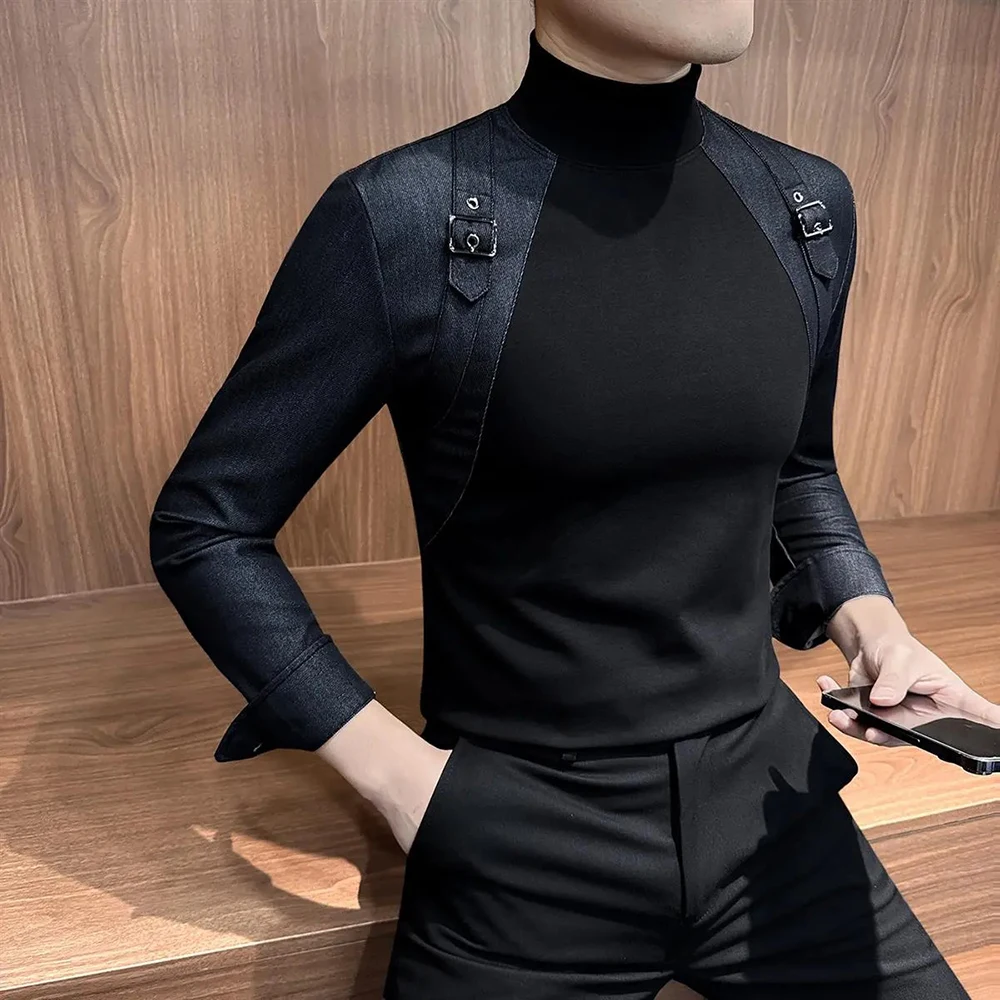 

Men Autumn T-Shirt Denim Patchwork Slim Fit Streetwear Fashion Youth Campus Versatile Personalized Long Sleeve Top Mens Clothing