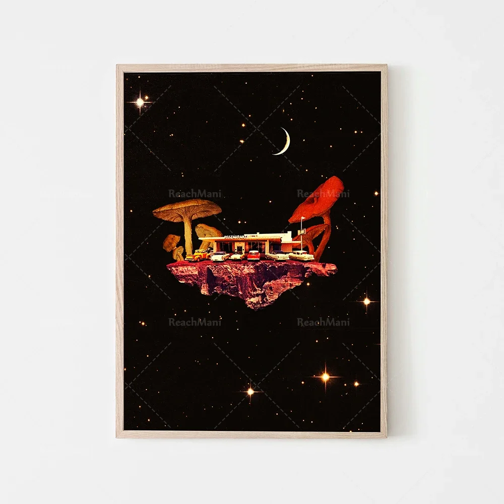 Garden of God roses, heaven, mushroom space restaurant, rainbow morning, daydream, space racing retro surreal poster, sci-fi